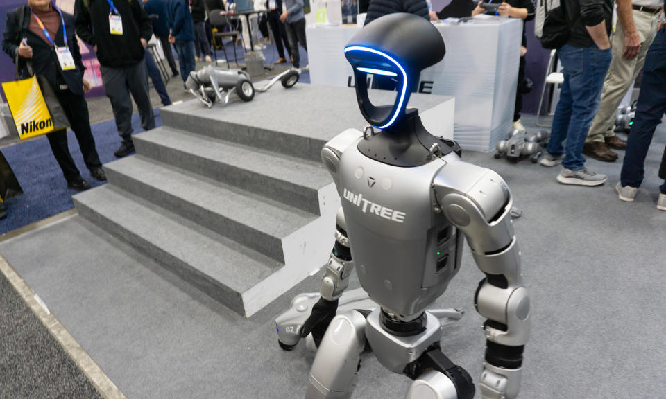 Photo of a Unitree humanoid robot at CES 2025.