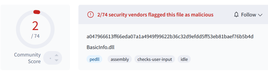 Poorly detected BasicInfo.dll (32865229279DE31D08166F7F24226843) sample