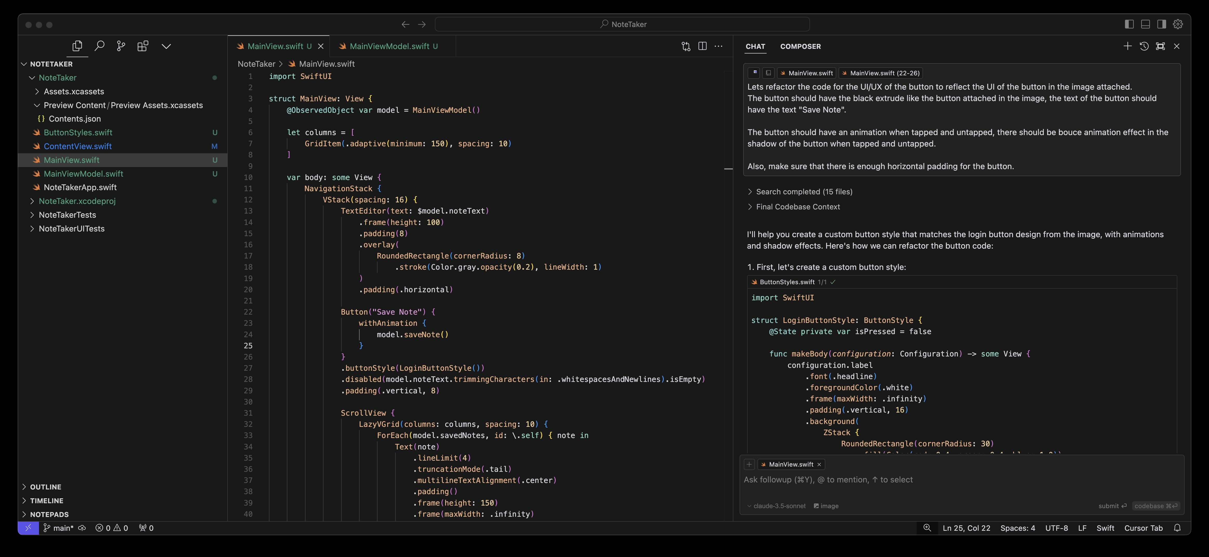 CursorAI suggesting changes to reverse engineer a mockup.