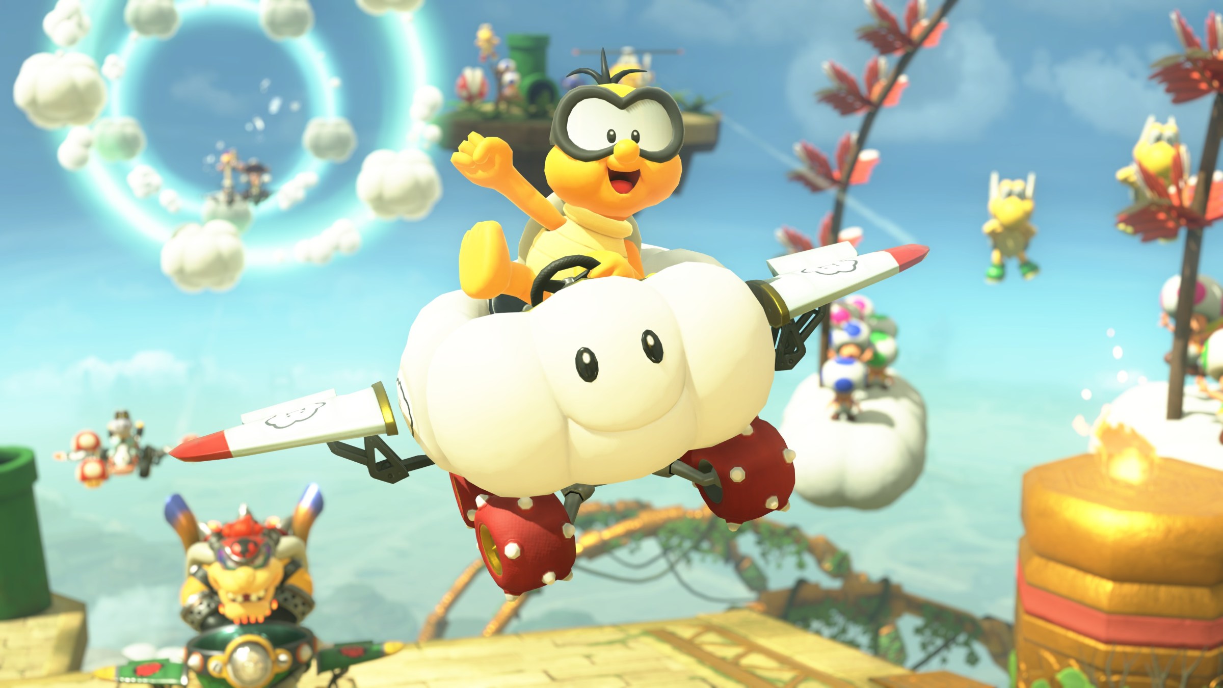 Lakitu flying his cloud shaped, winged kart in Mario Kart World