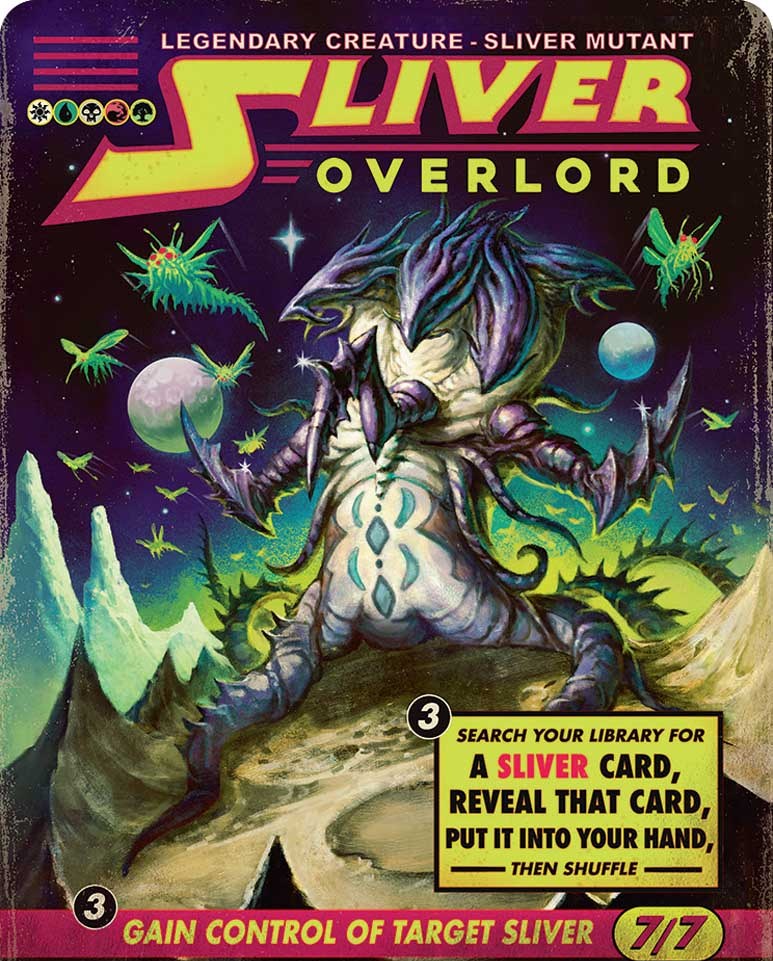 Art for Sliver Overlord from Magic: The Gathering’s Edge of Eternities done in a pulp sci-fi style shows a four-headed sliver standing on a planet with two moons surrounded by flying buglike creatures.