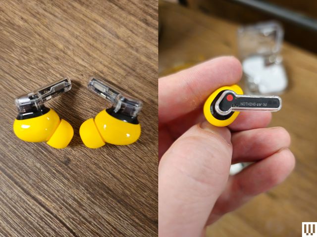 Left: Two yellow in-ear buds on a wooden surface. Right: Hand holding one in-ear bud, showing the panel that extrudes.